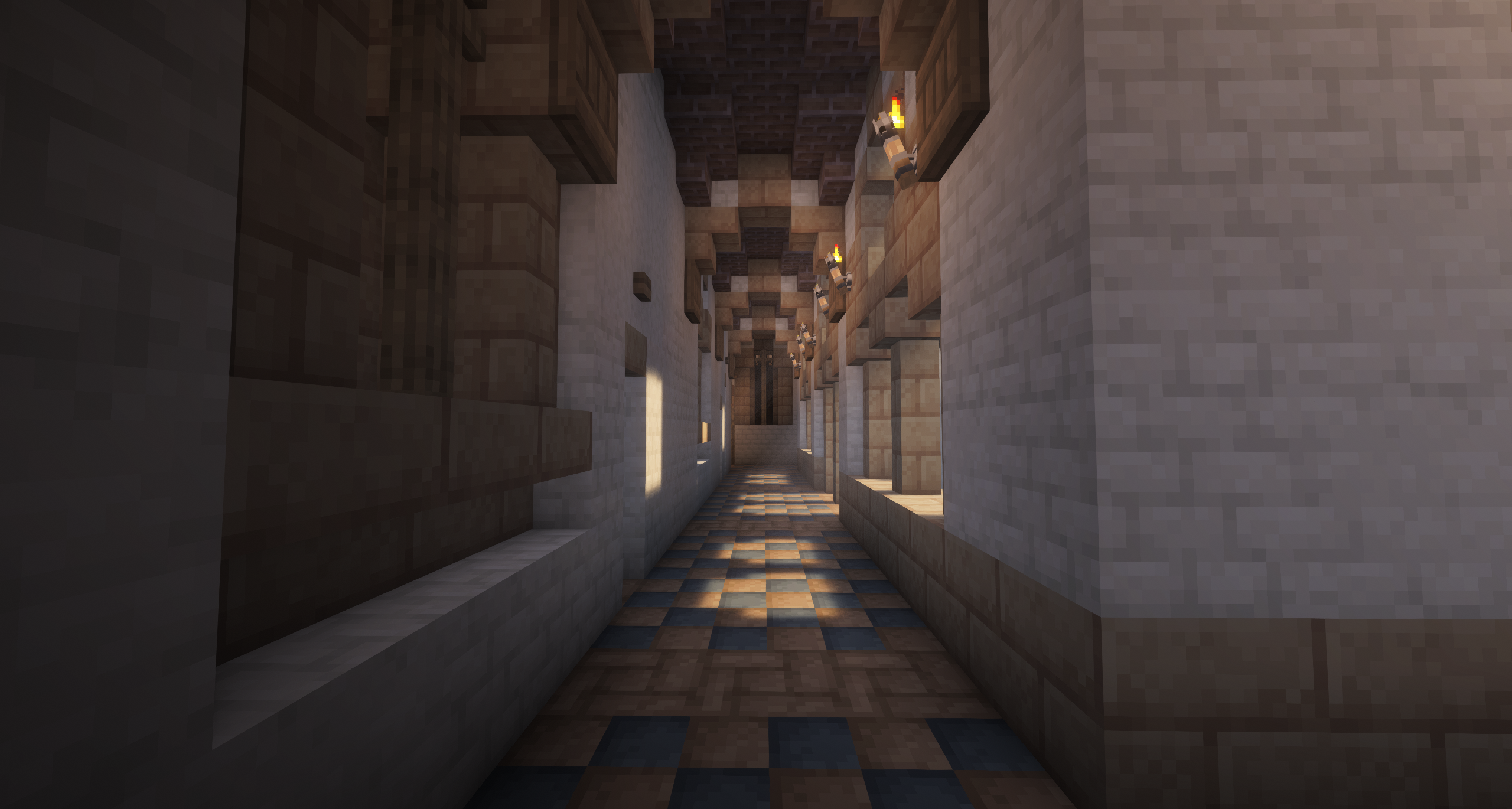 Minecraft Klosterinnenraum mit Schreibpulten, Kerzenlicht und ruhiger Arbeitsatmosphäre